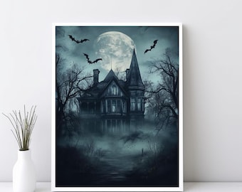 Sztuka ścienna z nawiedzonym domem, wydruk w stylu vintage na Halloween, wydruk Dark Academia, wydrukowana sztuka z nawiedzonym domem, cyfrowy plakat do pobrania | SG#249