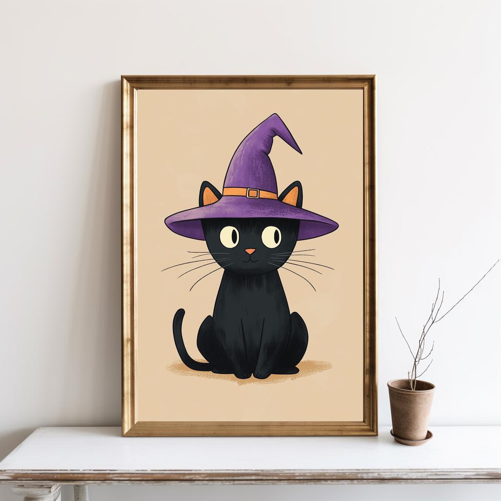 Cute Black Cat Halloween Wall Art, Cute Kitty Witch Hat Fall Decor ...