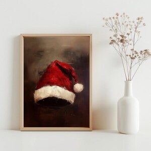 Målning av julhatt, väggdekorationer med julgranskulor, stillebenmålning med jultomte, rustik julkonst, vintage julkonsttryck | SG#168 bild 2