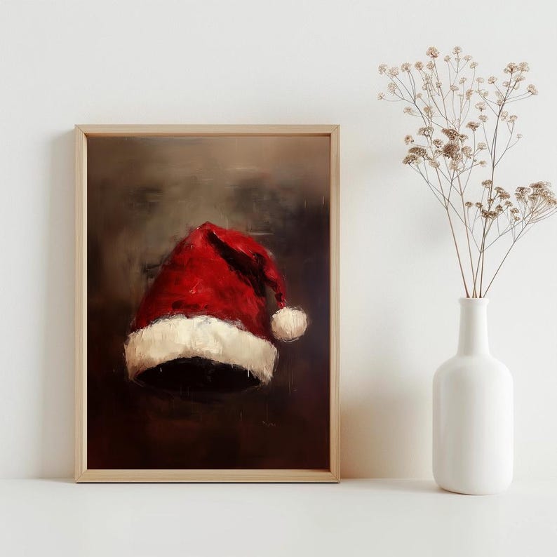Målning av julhatt, väggdekorationer med julgranskulor, stillebenmålning med jultomte, rustik julkonst, vintage julkonsttryck | SG#168 bild 2