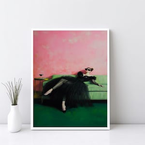 Elegancka kobieta Sofa Martini Cocktail, Bar Cart Art Decor, Dekadencka młoda kobieta, Miękki tonalny obraz olejny, Estetyczny prezent olejny | SG390