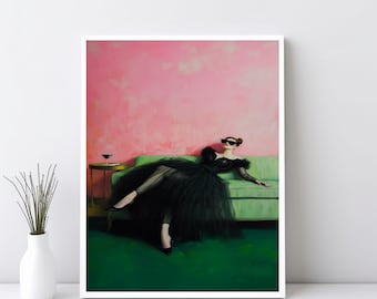 Elegant Woman Sofa Martini Cocktail, Bar Cart Art Decor, Decadent Young Woman, Soft Tonal Oil Painting, Aesthetic Oil Painting Gift | SG390