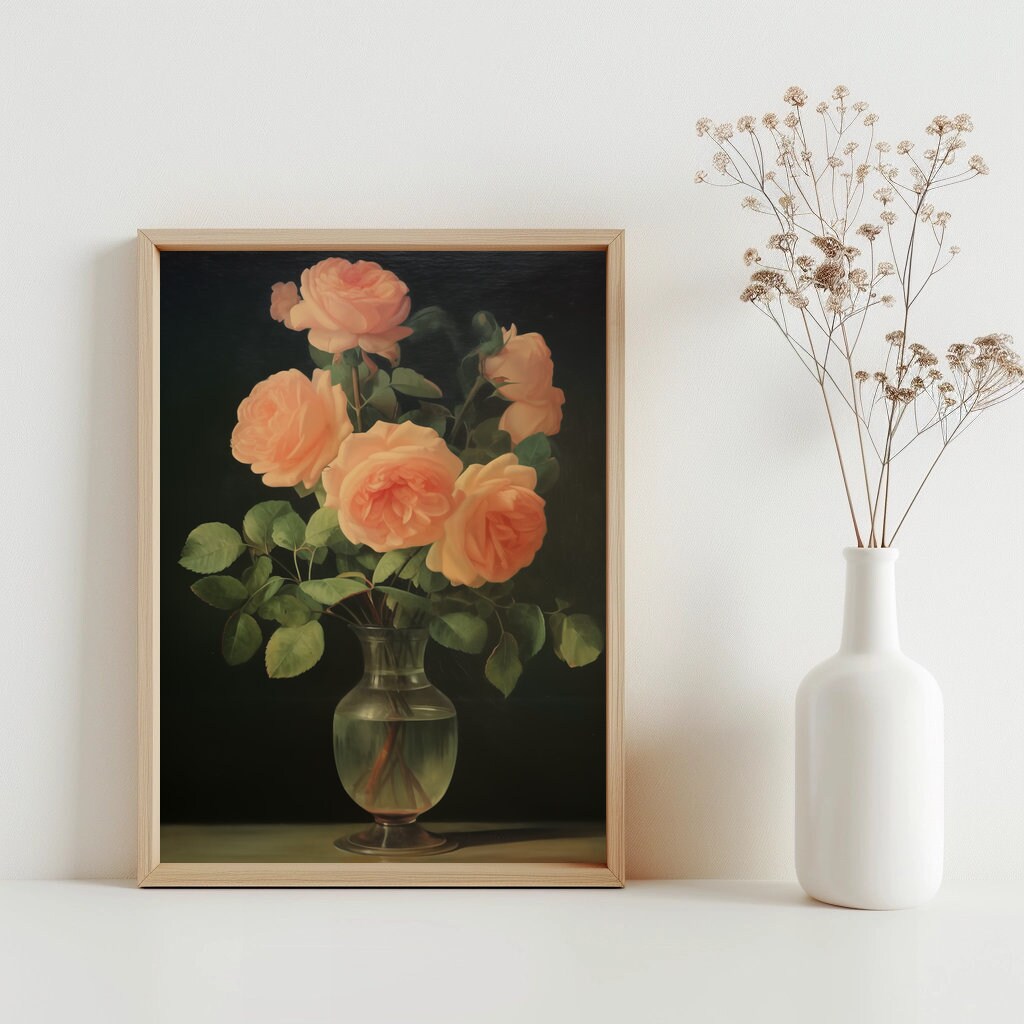 Flower Wall Art, Pink Roses Vase Art Print Antique Floral Olive Green ...