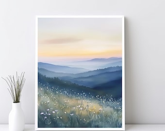 Smoky Mountains Watercolor Painting, Spring Flowers Art Print, Mountain Forest Print Appalachian Mountains Landscape Wall Art Poster | SG421