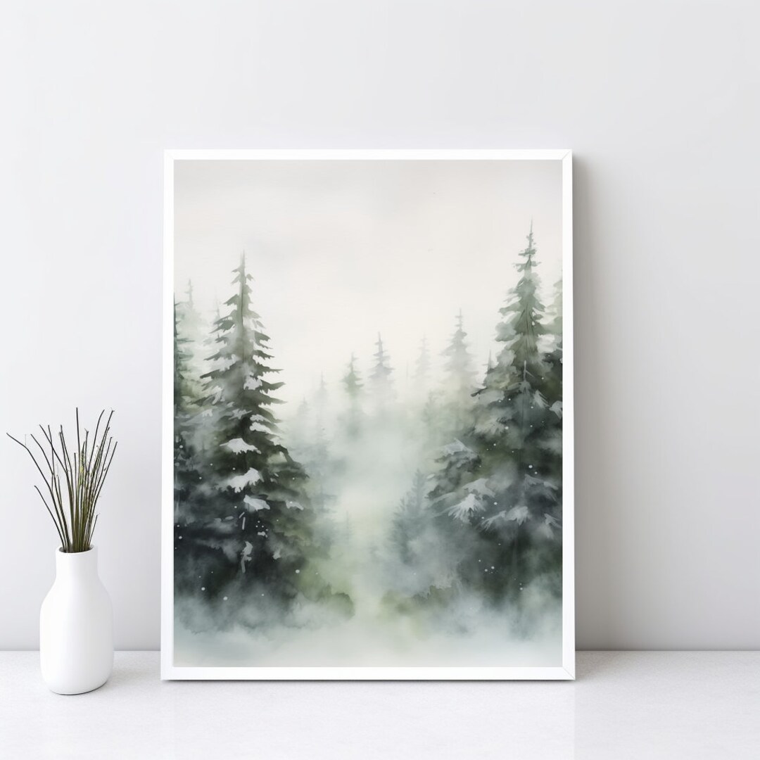 Evergreen Trees Watercolor Painting, Winter Forest Painting Christmas ...