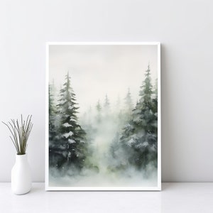 Pintura de acuarela de árboles de hoja perenne, pintura de bosque de invierno, impresión navideña, arte de pared imprimible, decoración de invierno, paisaje nevado de invierno / SG#48
