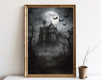 May include: A black and white illustration of a spooky Victorian house with a full moon in the background. Bats fly around the moon and the house is surrounded by trees.