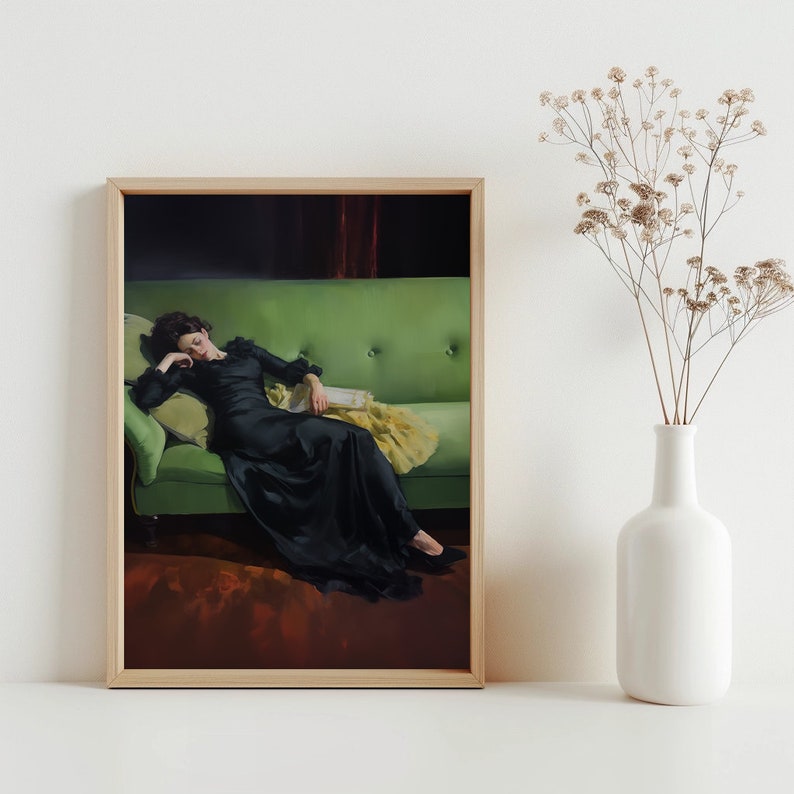 May include: A painting of a woman in a black dress lying on a green sofa. The woman is asleep and has a book in her hand. The sofa is in a room with dark walls and a red curtain.