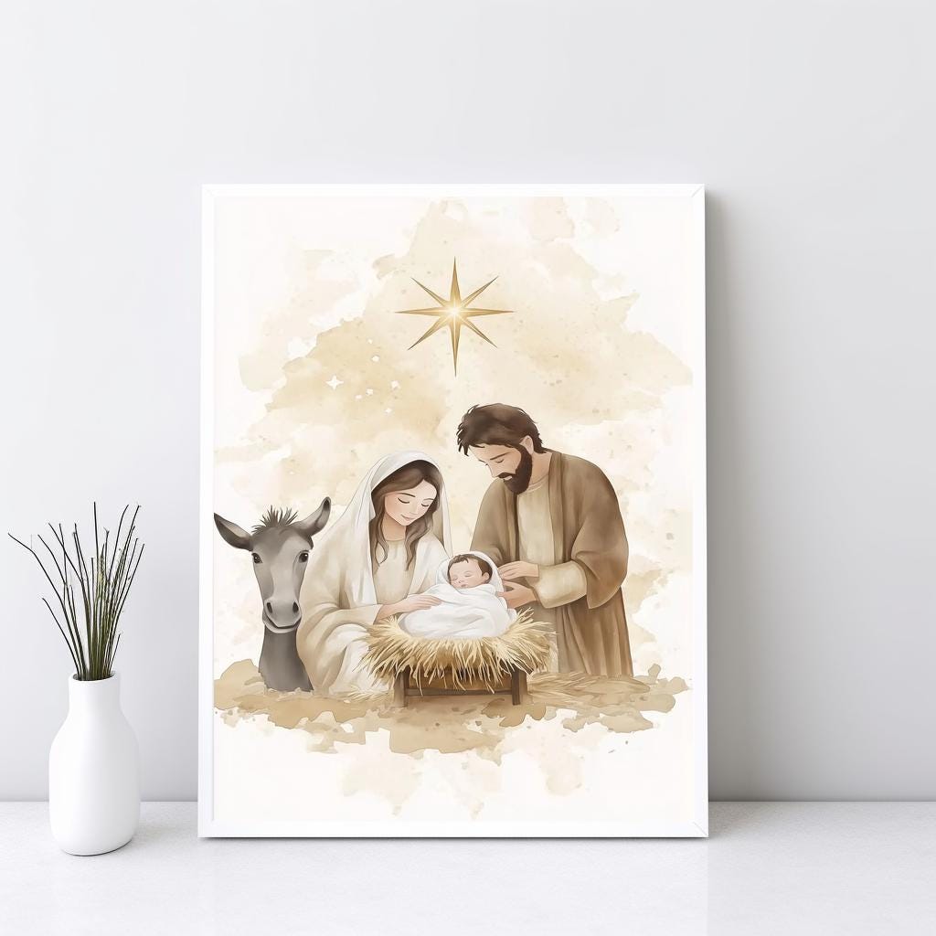 Nativity Scene Scripture Nativity Scene Wall Art, Watercolor Birth of Jesus Print, Christmas ...