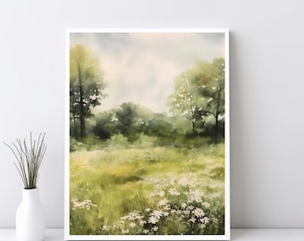 Impresión de flores de primavera, arte imprimible de paisaje de flores silvestres, pintura al óleo de paisaje de campo de flores, impresión artística de verano con decoración de estilo vintage / SG#175