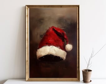 Santa Hat Painting, Christmas Wall Decor, Santa Still Life Painting, Rustic Christmas Art, Vintage Xmas Holiday Art Print Poster | SG#168