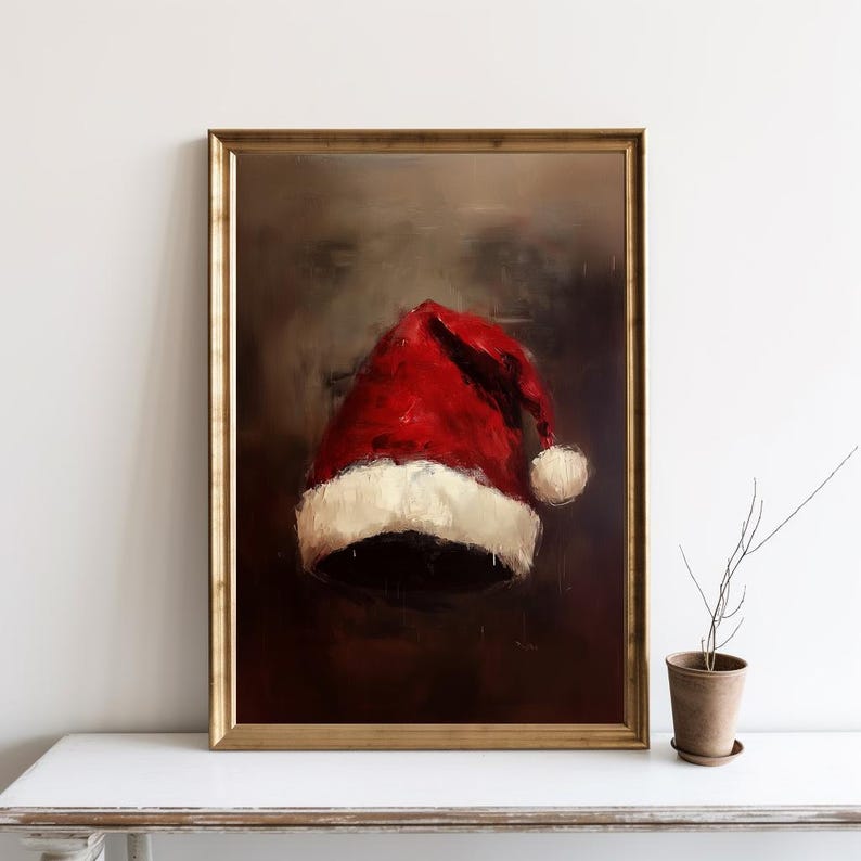 Målning av julhatt, väggdekorationer med julgranskulor, stillebenmålning med jultomte, rustik julkonst, vintage julkonsttryck | SG#168 bild 1