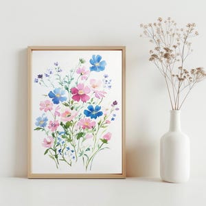 Pink And Blue Flower Wall Art, Wildflower Floral Watercolor Printable Artwork, Girl Bedroom Wall Poster, Flower Painting Wall Decor | SG#195