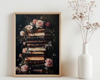 Vintage Books Artwork, Dark Academia Botanical Wall Art, Old Books Poster, Dark Floral Painting, Cottagecore Decor, Moody Wall Art | SG413