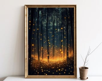 Magical Forest Wall Art, Enchanted Forrest Fireflies Decor, Dark Maximalist Art Print, Moody Botanical Canvas, Forest Landscape Art | SG415