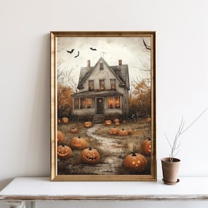 Pode incluir: Uma pintura de uma casa branca com janelas iluminadas cercada por abóboras luminosas em um caminho que leva à porta da frente. A casa está situada em um fundo de árvores e um céu nublado.