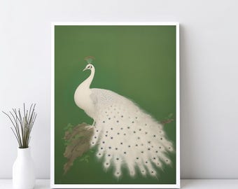 ヴィンテージの白孔雀のアートプリント：日本のウォールデコレーション