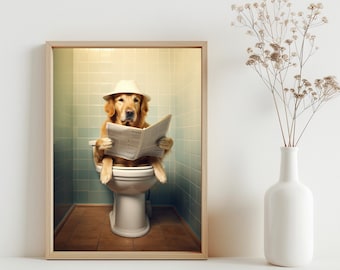 Golden retriever badkamerkunst, grappig badkamerdecor, hond op toilet, kinderbadkamer kunst aan de muur, golden retriever kunst aan de muur, leuke badkamer | SG#94