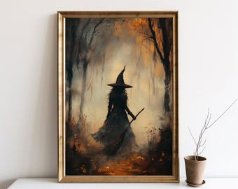 Witch Halloween Wall Art, Witch in the Woods Poster, Witchy Art, Vintage Halloween Poster, Rustic Witch Painting, Digital Download | SG#206