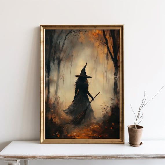 Witch Halloween Wall Art, Witch in the Woods Poster, Witchy Art, Vintage Halloween Poster, Rustic Witch Painting, Digital Download | SG#206