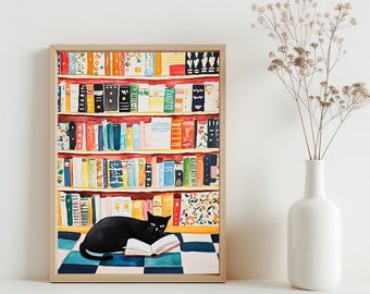 Black Cat Book Lover Wall Art, Cat Reading Books Cat Art, Study Room Wall Art, Reading Room Art, Bookworm Printable Art, Book Lover | SG#256