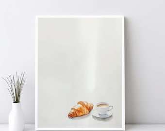 Croissant and Coffee Minimalist Wall Art, Watercolor Breakfast Printable Art, Neutral Kitchen Poster, Cute Kitchen Decor Simple Art | SG#297