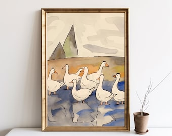Vintage Geese Print, Antique Spring Duck Painting, Vintage Nursery Wall Decor, Bird Watercolor Painting Wall Art Farmhouse Painting | SG#138
