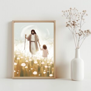 LDS Child Baptism Portrait Jesus Printable, Jesus Little Girl Walking Through a Field of Flowers Print, Watercolor Portrait Wall Art | SG#61