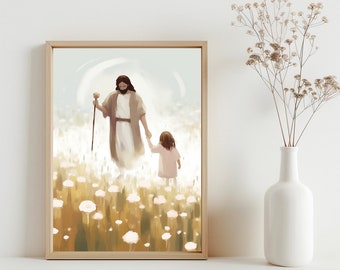 LDS Child Baptism Portrait Jesus Printable, Jesus Little Girl Walking Through a Field of Flowers Print, Watercolor Portrait Wall Art | SG#61