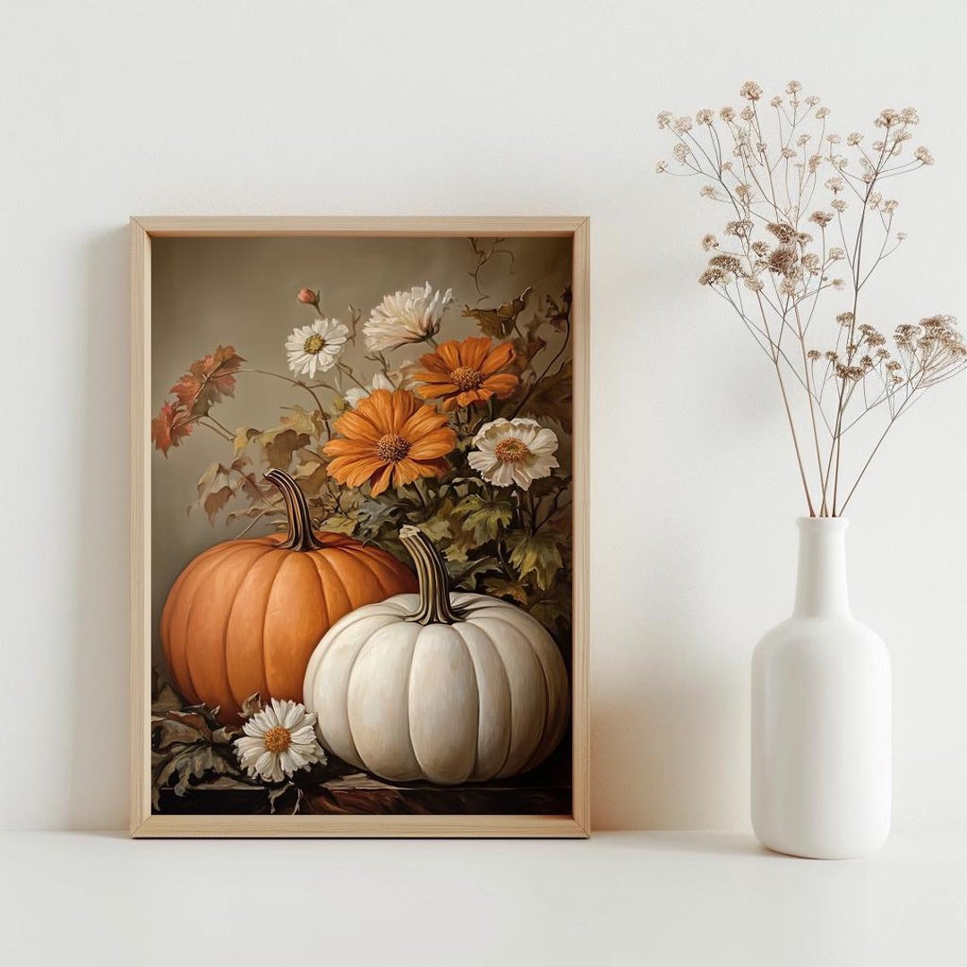 Pumpkin Still Life Painting, Rustic Fall Wall Art, Vintage Autumn Wall ...