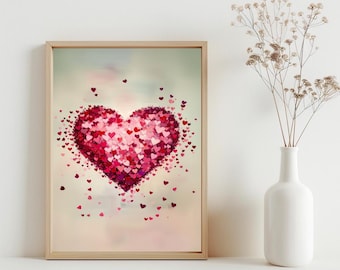 Arte de pared para el día de San Valentín, impresión de corazón rojo y rosa, arte de pared romántico, decoración de pintura al óleo antigua de San Valentín, regalo del día de San Valentín / SG355