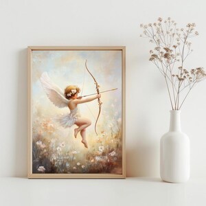 Valentines Day Cupid Painting, Victorian Valentines Wall Art, Vintage Angel Poster, Nursery Wall Decor, Neutral Tone Colorful Canvas | SG356