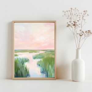 Pastel Marsh Sunset Landscape Painting, Pink Beach House Carolina Lowcountry Coastal Watercolor Wall Art Printable Digital Download | SG#247