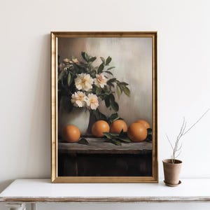 Flowers and Oranges Vintage Painting, Farmhouse Oil Painting Print, Vintage Kitchen Still Life Painting, Oranges Kitchen Art Poster | SG#181
