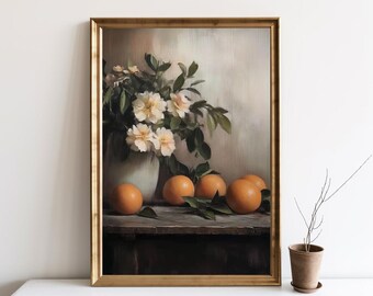Blumen und Orangen Vintage Gemälde, Bauernhaus Ölgemälde Druck, Vintage Küche Stillleben Malerei, Orangen Küche Kunst Poster | SG#181