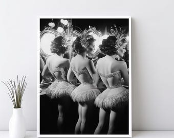 Vintage Showgirls Backstage Photograph, Classic Black and White Poster, Showgirl Dancer Print, Retro Glamour Wall Art Bar Cart Decor | SG339