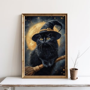 黒猫のハロウィンアート、ほうきに乗ったかわいい猫のウォールアート、魔女の猫のプリント、ハロウィンのウォールアート、不気味な装飾の猫のプリント デジタルダウンロード | SG#260