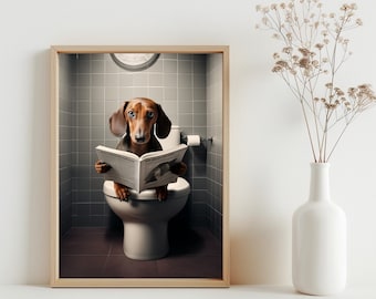 May include: A brown and tan dachshund dog sits on a white toilet in a bathroom, reading a newspaper. The dog is wearing a collar and has a serious expression on its face.