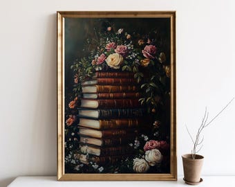 Vintage Books Artwork, Dark Academia Botanical Wall Art, Old Books Poster, Dark Floral Painting, Cottagecore Decor, Moody Wall Art | SG412