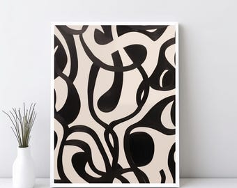 Puede incluir: Impresión de arte abstracto con formas orgánicas en blanco y negro sobre un fondo crema.