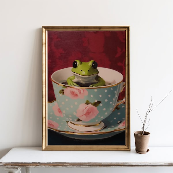 Frog Face in a Teacup Wall Art, Art Print, Oil Painting Style, Coffee Cup Decor, Cute Frog Wall Prints, Tea Cup Frog Art, Colorful | SG#22