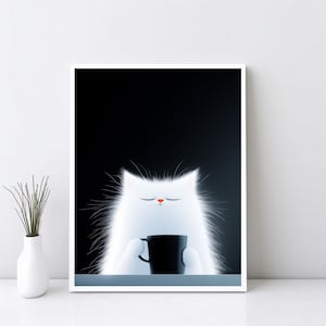 Gato blanco relajándose con café, decoración de pared de cocina, foto moderna y peculiar, arte de pared de gato lindo, regalo para amantes del café, póster de gato con café / SG#241