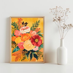 Vibrant Orange Red and Yellow Flower Print, Colorful Wall Art, Bright Botanical Trendy Gallery Artwork, Modern Home Decor, Warm Art | SG#254