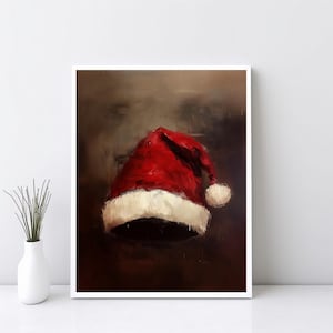 Målning av julhatt, väggdekorationer med julgranskulor, stillebenmålning med jultomte, rustik julkonst, vintage julkonsttryck | SG#168 bild 3