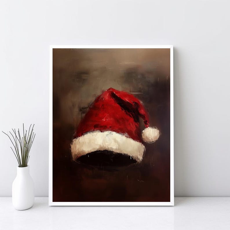 Målning av julhatt, väggdekorationer med julgranskulor, stillebenmålning med jultomte, rustik julkonst, vintage julkonsttryck | SG#168 bild 3