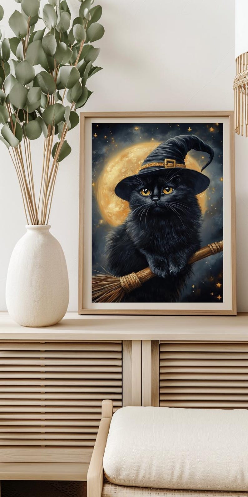 Black Cat Halloween Art, Cute Cat on Broom Wall Art, Witchy Cat Print ...