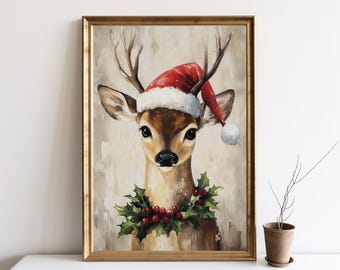 Christmas Wall Art, Reindeer Oil Painting, Christmas Rustic, Christmas Decor, Digital Art, Printable Xmas Decor, Holiday Wall Art | SG#285