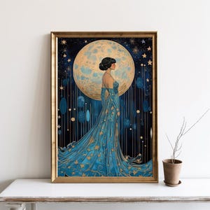 Girl Moon and Stars Wall Art, 1920s Art Deco Print, Vintage Moon Poster, Blue Black Style Home Decor, Roaring Twenties Giclee Print | SG417