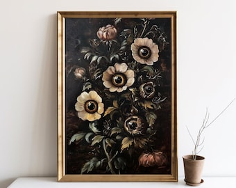 May include: A framed painting of a bouquet of flowers with dark brown stems and leaves. The flowers are white with a yellow center and have a dark brown eye in the center. The painting is on a dark brown background.