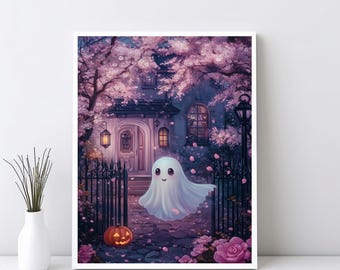 Cute Ghost Halloween Wall Art, Trendy Pink Halloween Poster, Pink Flowers Jack-o-Lantern Funny Halloween Painting, Halloween Ghost | SG#231